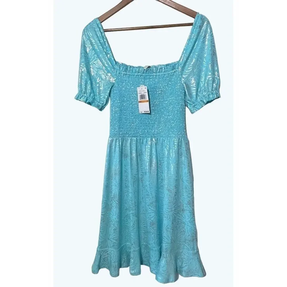 Michael Kors Smocked Dress Small Turquoise Metallic Foil Puff Sleeve NWT